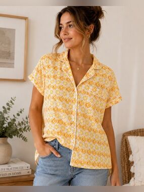 J.Crew Women’s XL Citrus Orange Print Cotton Pajama Top Button Front